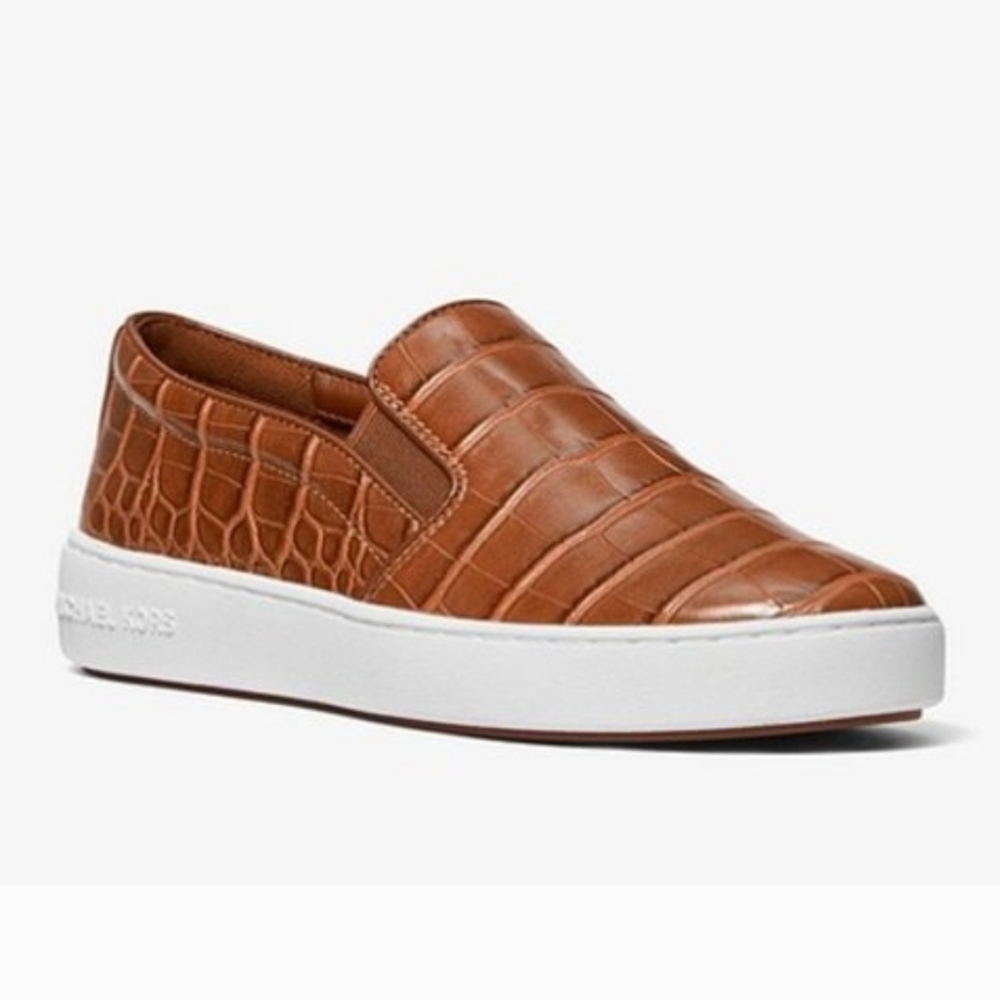 Michael Kors Brown Croc Embossed Patent Slip On Shoes Sz 7 Luxury Old Money